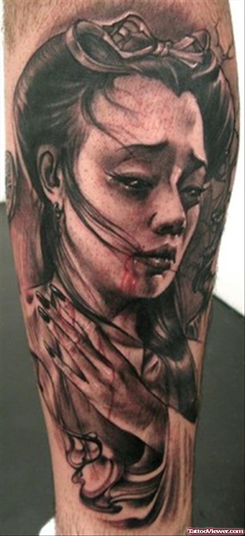 Inspiring Grey Ink Geisha Tattoo On Arm