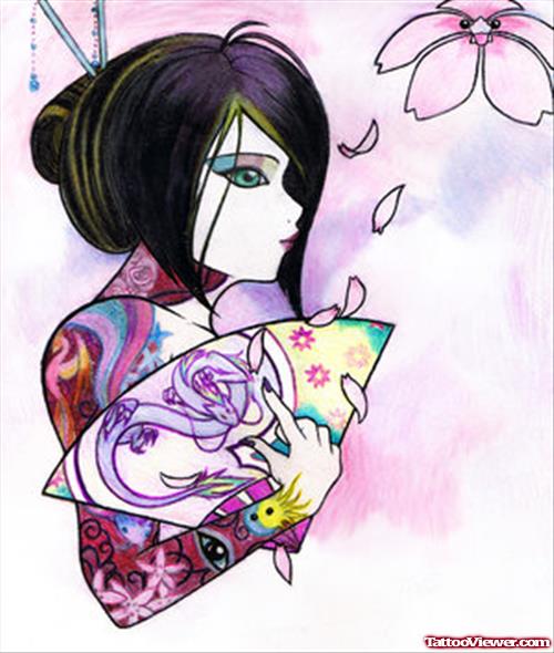 Inspiring Color Ink Geisha Tattoo Design