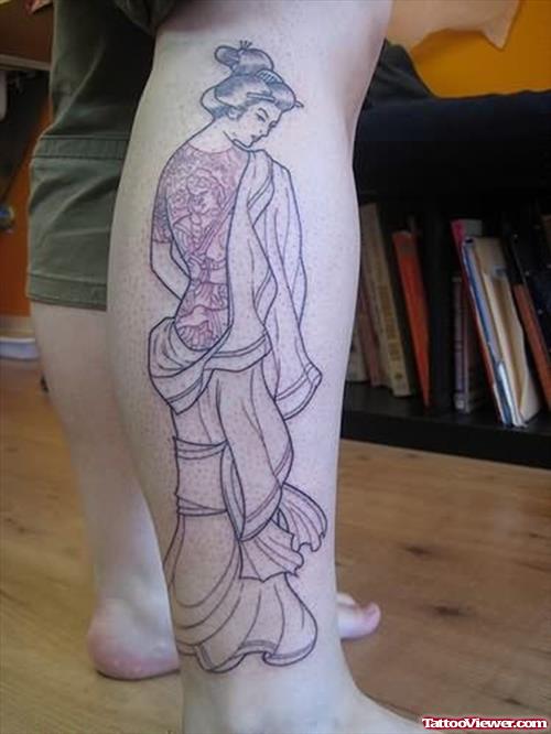 Grey Ink Geisha Tattoo On Right Leg