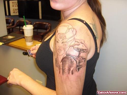 Grey Ink Geisha Girl Tattoo On Left Shoulder