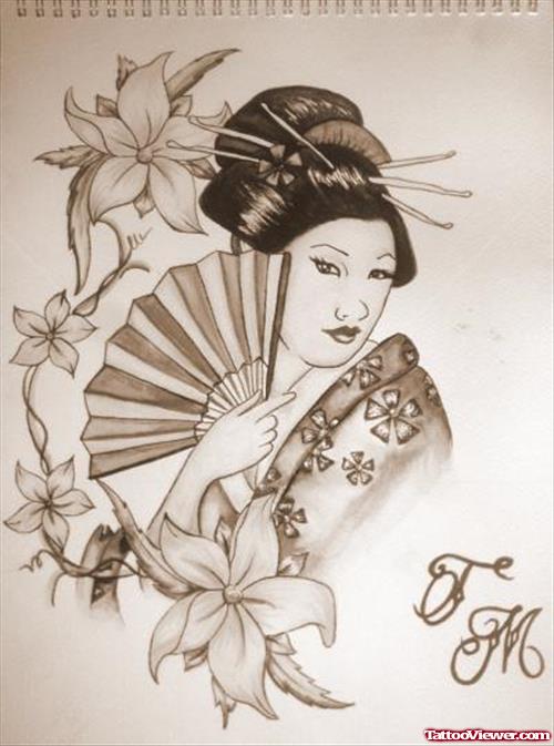 Grey Flowers and Geisha Tattoo Design