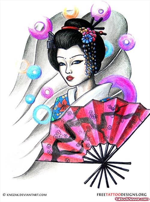 Geisha With Fan Color Ink Tattoo Design