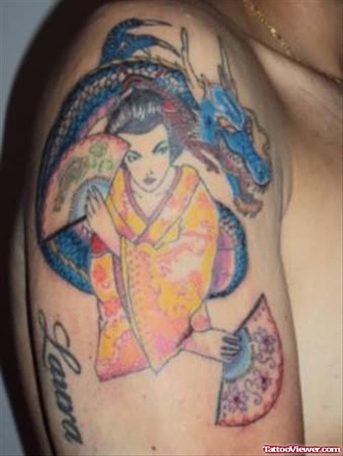 Color Ink Geisha Tattoo On Man Right Shoulder