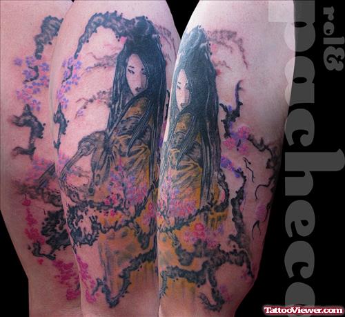 Color Ink Geisha Tattoo On Bicep