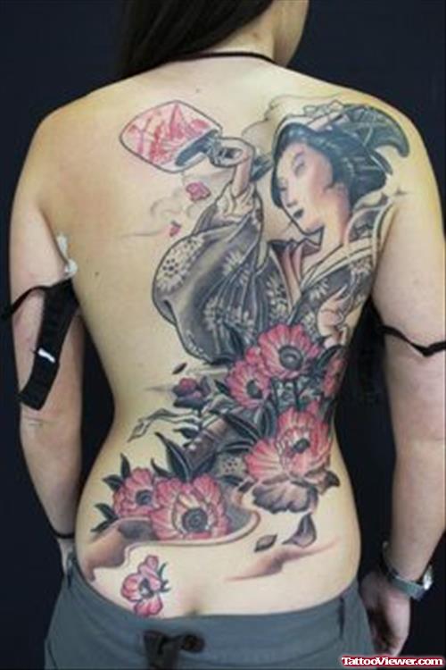 Color Flowers and Geisha Tattoo On Girl BAck
