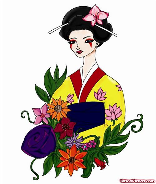 Awesome Colored Geisha Tattoo Design