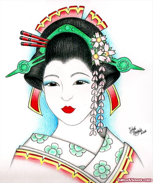 Awesome Colored Geisha Girl Tattoo Design