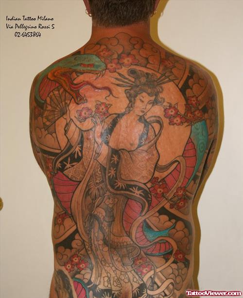 Man Back Body Color Ink Geisha Tattoo