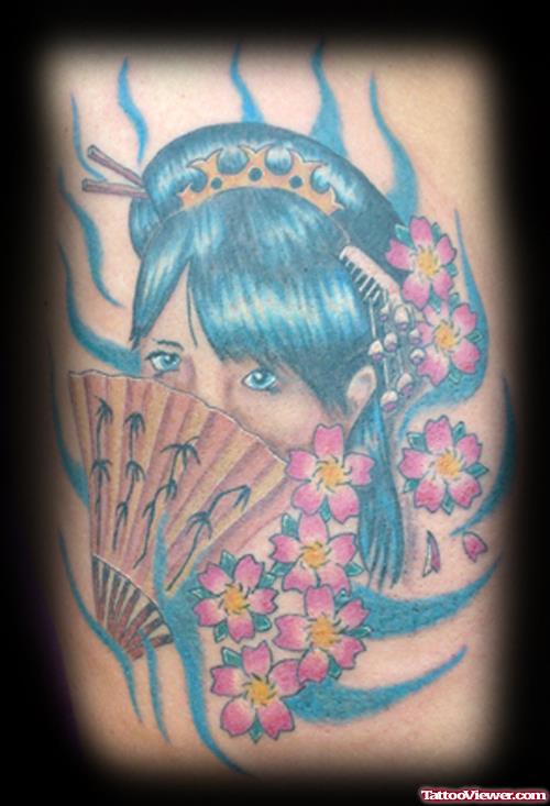 Japanese Geisha Head With Fan Tattoo