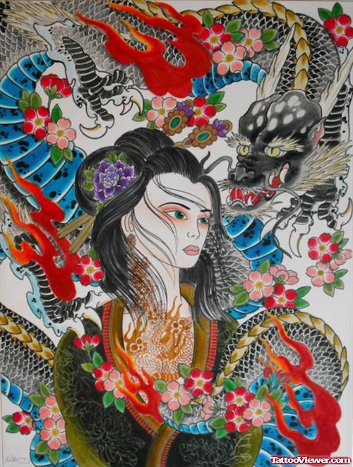Japanese Color Flowers And Geisha Tattoo Design