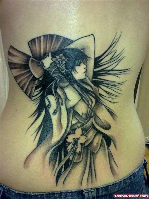 Grey Ink Geisha Tattoo On Back