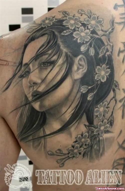 Grey Ink Geisha Tattoo On Back Shoulder