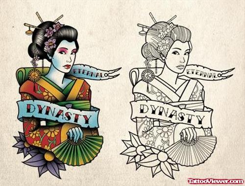Geisha With Banner Tattoo Design