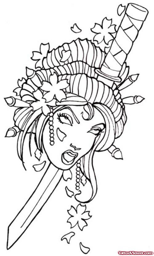 Geisha Head With Sword Tattoo Design