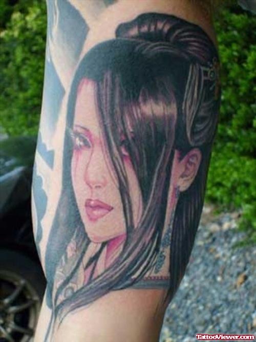 Geisha Girl Head Tattoo On Bicep