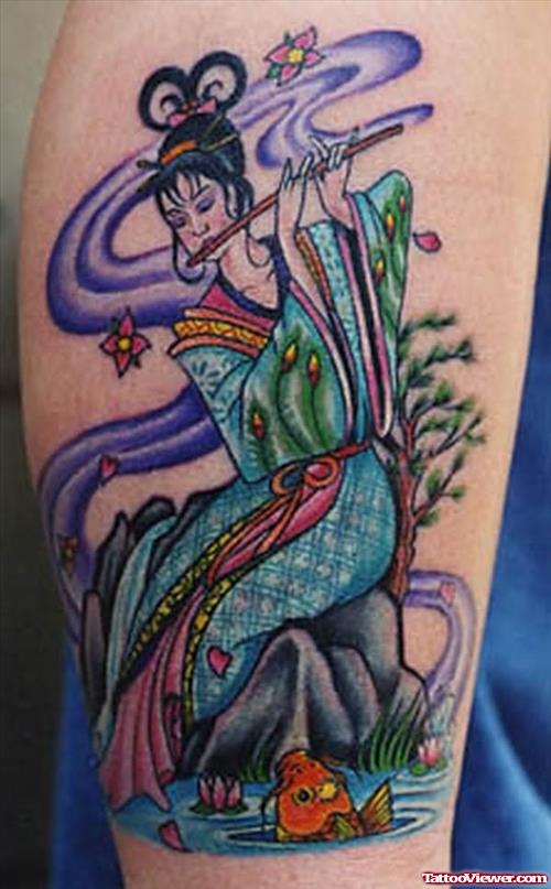 Cute Color Ink Geisha Tattoo On Right Sleeve