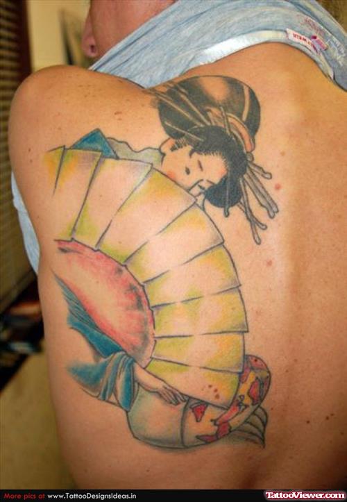 Colored Geisha Tattoo On Left Back Shoulder