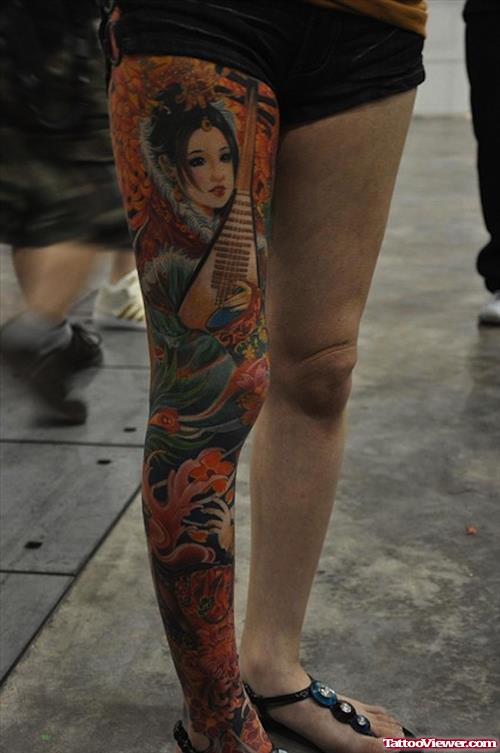 Colored Geisha Tattoo On Girl Right Leg Sleeve