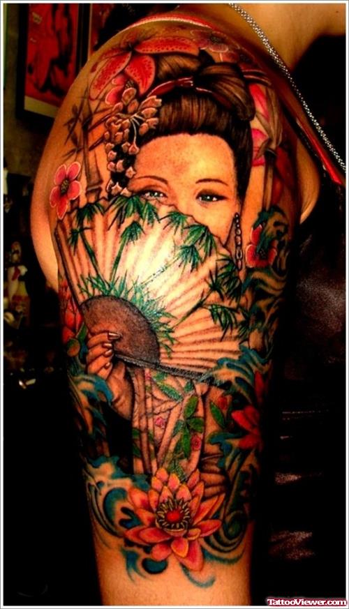 Colored Flowers And Geisha With Fan Tattoo On Half Sleeve