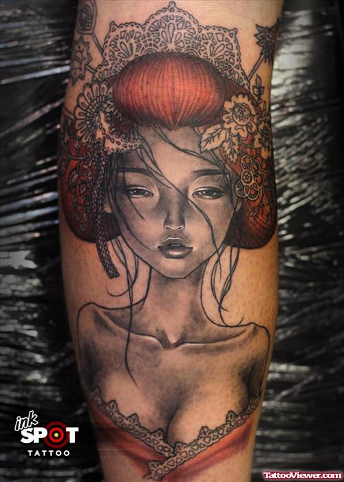 Awesome Grey Ink Geisha Girl Tattoo On Arm