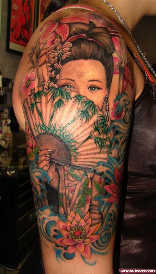 Awesome Colored Geisha Tattoo On Right Half Sleeve