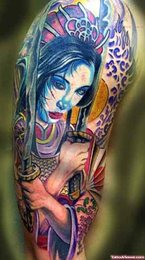 Awesome Colored Geisha Girl With Sword Tattoo