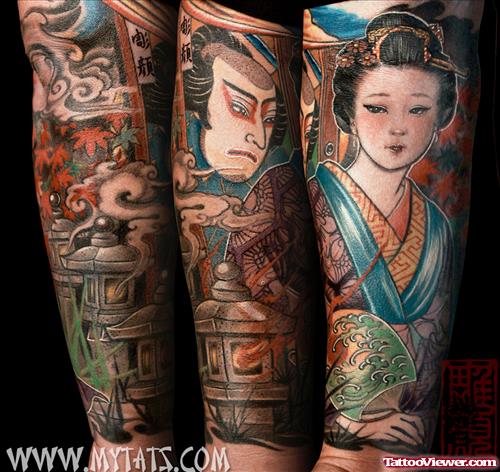 Attractive Colored Geisha Tattoos Designs