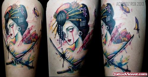 Attractive Color Ink Geisha Tattoo On Left Sleeve