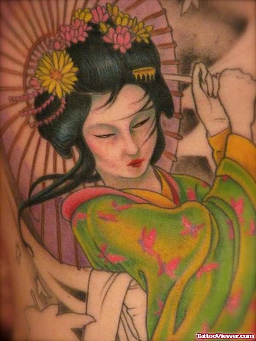 Amazing Colored Japanese Geisha Tattoo