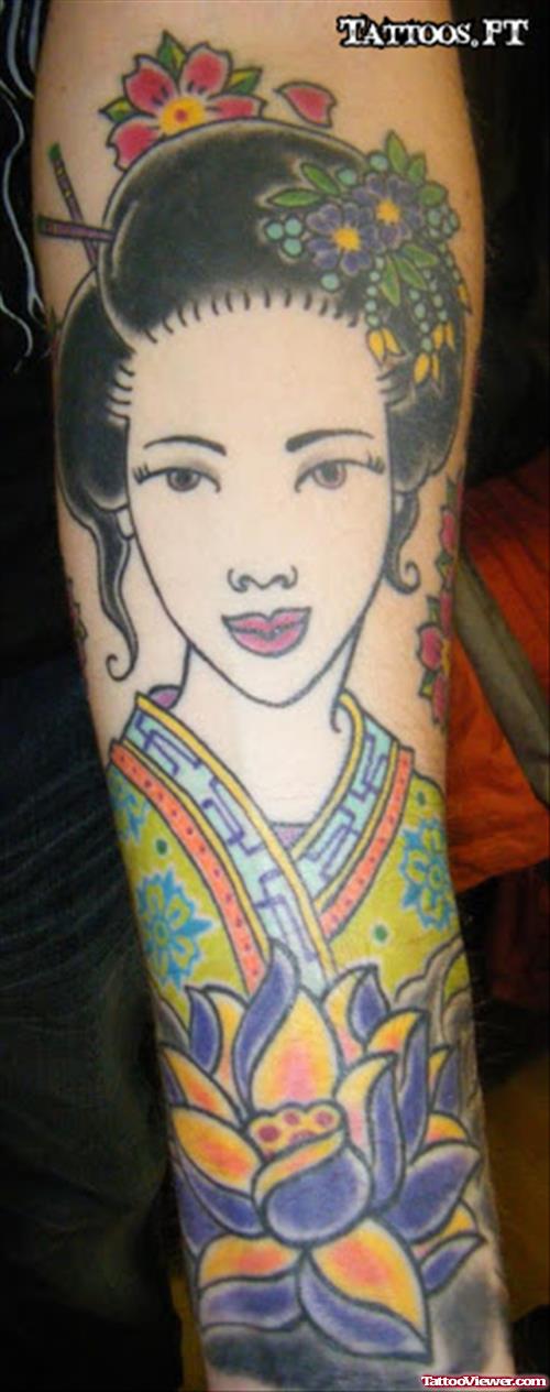 Amazing Colored Geisha Tattoo On Right Sleeve