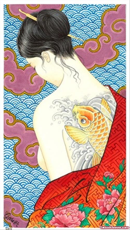 Amazing Color Flowers Geisha Tattoo