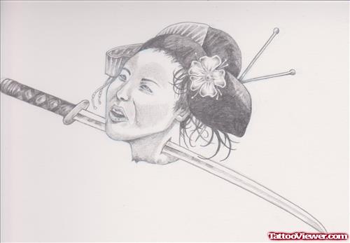 Sword Ink Geisha Head Tattoo Design