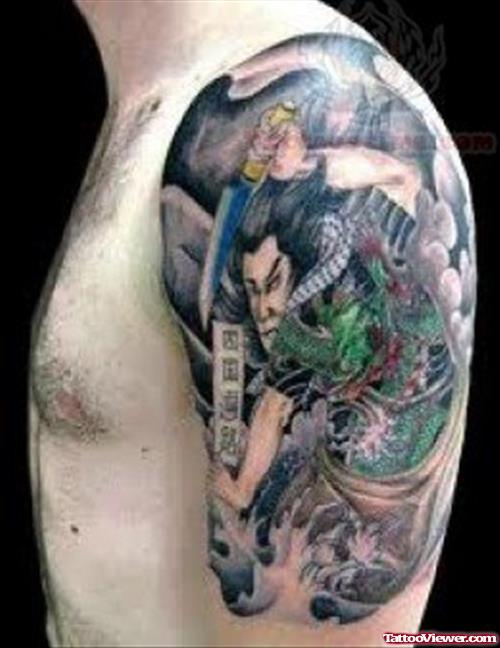 Samurai Geisha Tattoo On Left Half Sleeve