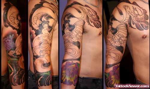 Grey Ink Geisha Tattoo On Man Sleeve