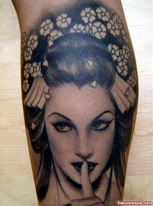 Grey Ink Geisha Girl Closeup Tattoo On Sleeve