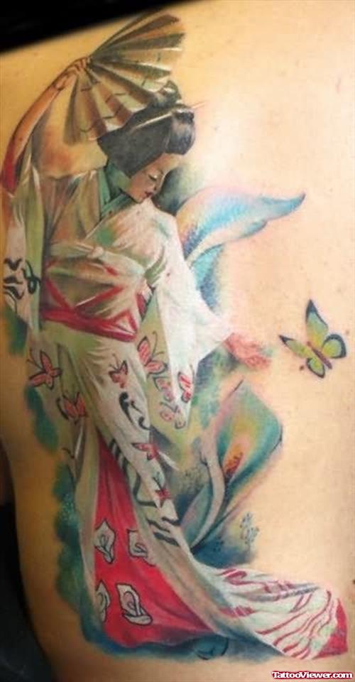 Geisha With Butterfly Tattoo On Back
