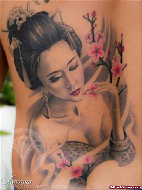 Flowers And Geisha Tattoo On Back