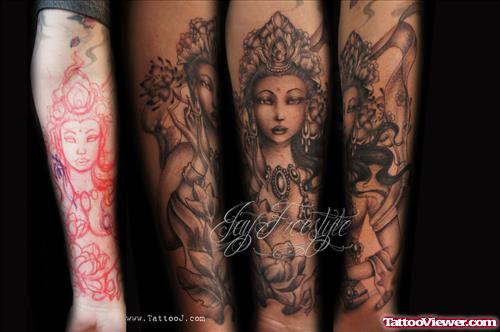 Extreme Grey Ink Geisha Tattoo On Arm