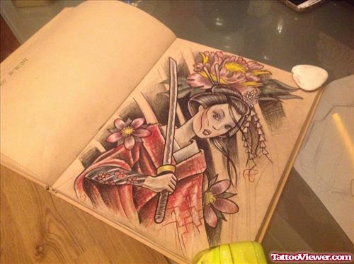 Color Ink Geisha Tattoo Design