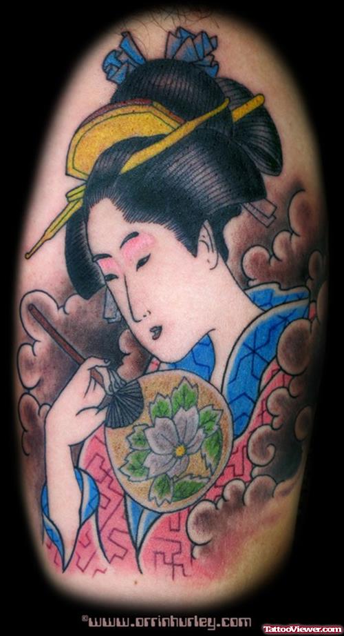 Awesome Colored Ink Geisha Tattoo Design