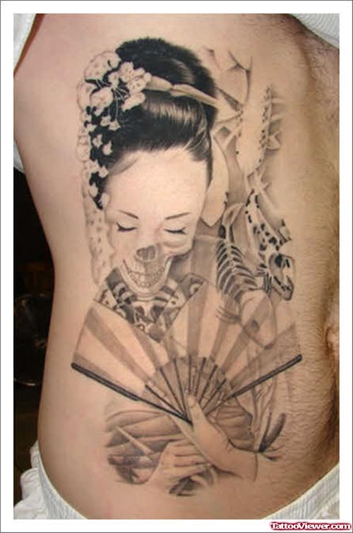 Attractive Grey Ink Geisha Tattoo On Rib Side