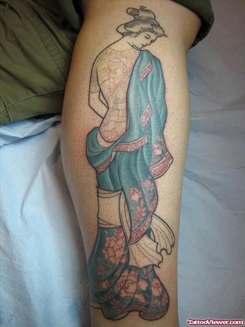 Attractive Colored Geisha Tattoo On Leg
