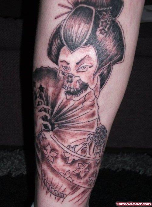 Amazing Grey Ink Geisha Tattoo On Arm