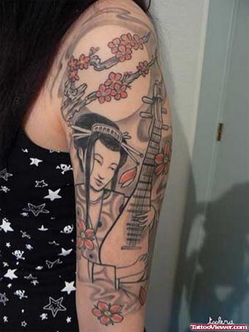 Amazing Colored Geisha Tattoo On Left Sleeve