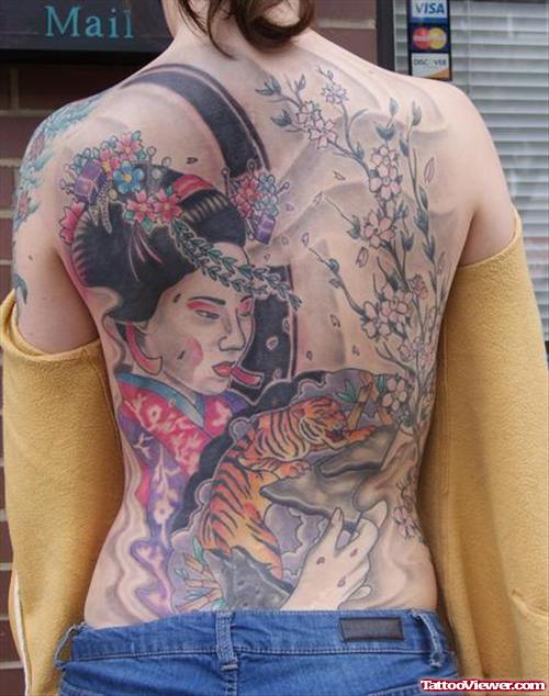Colored Tiger and Geisha Tattoo On Back