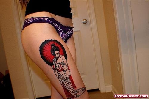 Colored Ink Geisha Tattoo On Right Leg