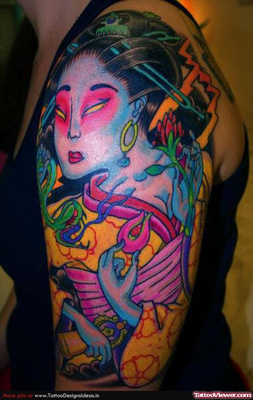 Colored Geisha Tattoo On Left Half Sleeve For Girls