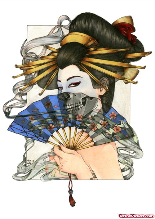 Colored Geisha Tattoo Design