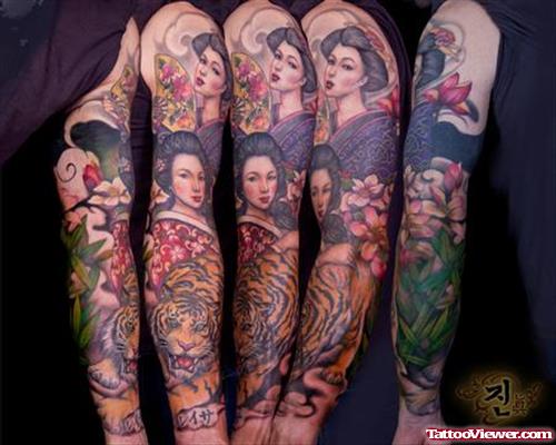 Color Ink Tiger And Geisha Tattoo On Sleeve