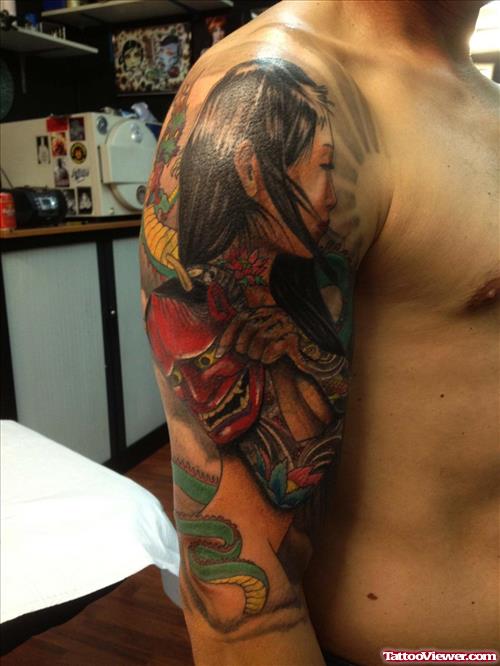 Color Ink Geisha Tattoo On Man Right Sleeve